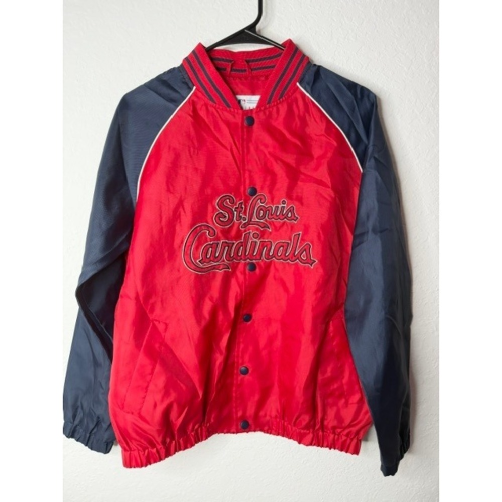 MLB St Louis Cardinals Youth Jacket Large 12/14 Red Navy Blue Windbreaker Snap